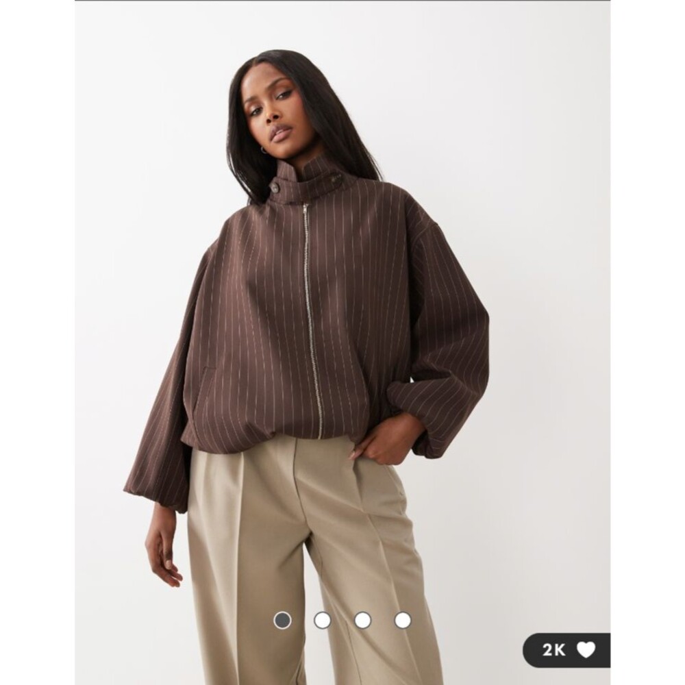 ASOS DESIGN Casual Harriington Jacket With Fund Neck In Brown Pinstripe Size 8